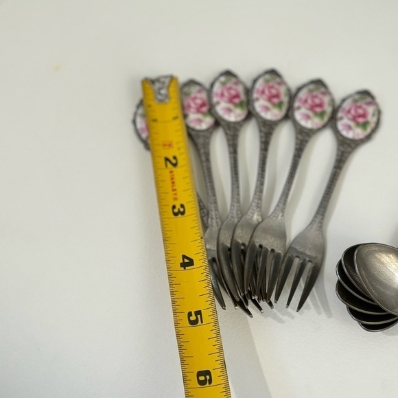 12 Japanese Stainless Steel Tea Spoons and Forks , Pink & Gold Flower Inlay - Picture 6 of 7
